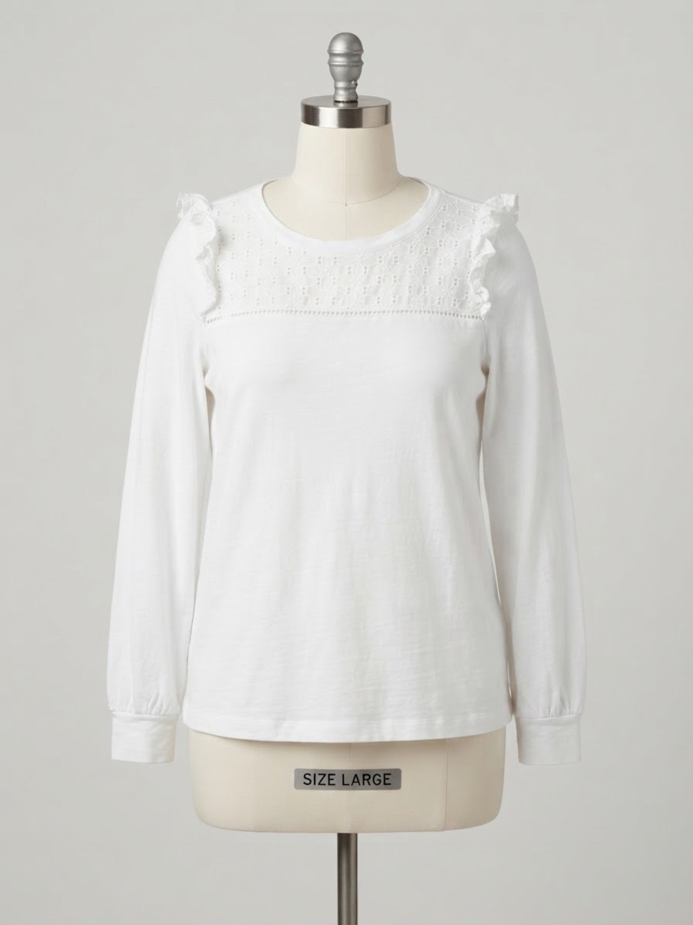 LOFT White Eyelet Yoke Ruffle Long-Sleeve Tee